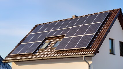 Naklejka premium Solar panels cover a modern roof, symbolizing sustainability and energy independence in contemporary architecture