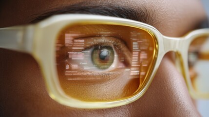 Authentic eye reflects minimalist UI data, wearing butter yellow geometric glasses. Visualize future technology with minimalist pastel UI data reflections in the eye.