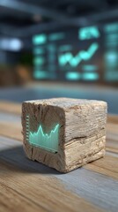 Reclaimed wood block with glowing pastel holographic data visualization graph. Pastel mint green and sky blue tones for a fresh, modern financial aesthetic.