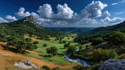 Naklejka premium Green valley with a small stream, surrounded by trees, hills, and a cloudy sky