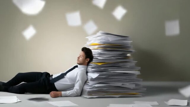 Creative flat vector illustration showing a tired office worker buried beneath a tall stack of papers, with documents flying through the air and a 4K video