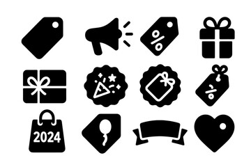 Holiday Gift Icons. Solid style icons of Gift and holiday deals: gift tag, festive sale tag, holiday promo icon, seasonal discount