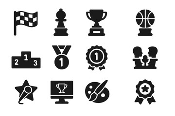 Competition Icons Collection. Solid style icons of Competitions: racing flag, chess trophy, game controller prize, sports ball