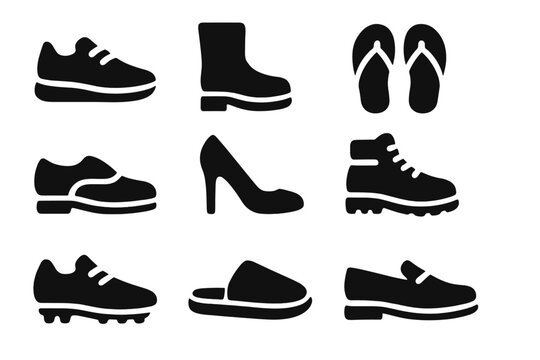 Solid Footwear Icons. Solid style icons of Footwear: sneakers, boots, sandals, flip-flops, dress shoes, high heels, hiking boots,