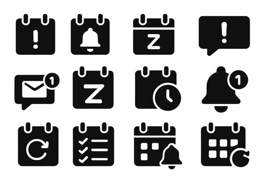 Reminder Notification Icons. Solid style icons of reminders and notifications: calendar alert, bell on date, snooze calendar icon,