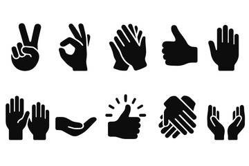 Positive Hand Icons. Solid style icons of Positive gestures: peace hand, okay sign, clap hands, high five, raised hands, open palm