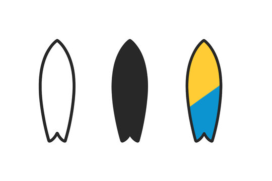Minimalist Surfboard Designs. Minimalist surfboard icon: three identical surfboards standing upright in a row, first in line style