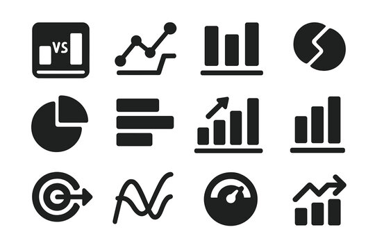 Comparative Analytics Icons. Solid style icons of Comparative analytics: vs chart, two-line graph, split bars, overlap diagram,
