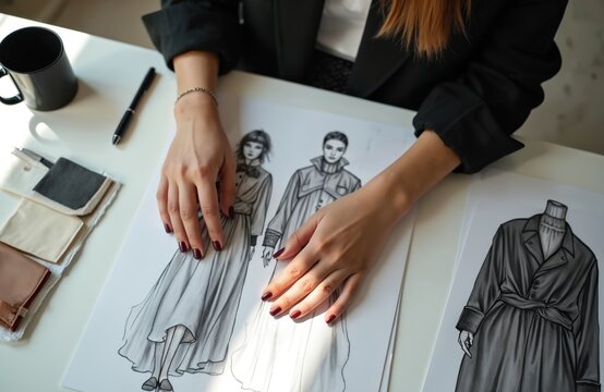 Fashion designer reviews garment sketches and fabric swatches at a desk. Creative pro works on new clothing collection ideas. Artist plans apparel design in studio.