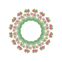 Hand drawn line art canary islands flowers parrot beaks wreath. Card template with cute floral frame.