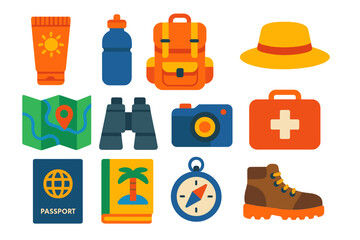 Colorful Travel Icons. Flat vector icons of travel essentials: sunscreen, water bottle, backpack, hat, map, binoculars, camera,