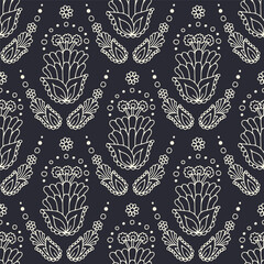 Hand drawn black and white intricate line art Paisley seamless pattern on dark background