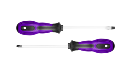 Two screwdrivers, flat and Phillips, are designed for construction work. Their durable handles ensure efficiency in tough environments Purple color on isolated white background close-up