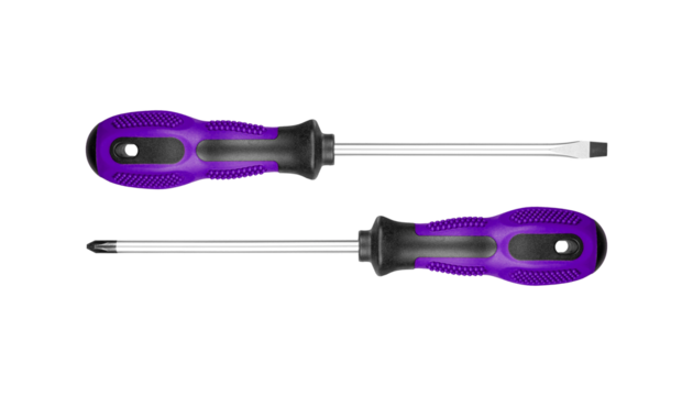 Two screwdrivers, flat and Phillips, are designed for construction work. Their durable handles ensure efficiency in tough environments Purple color on isolated white background close-up