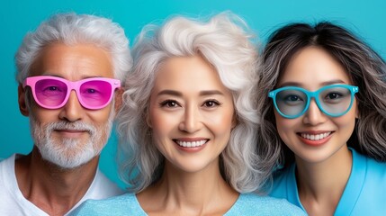Three smiling seniors wear colorful sunglasses, exuding happiness and youthful spirit. The image captures vibrancy, togetherness, and timeless joy.