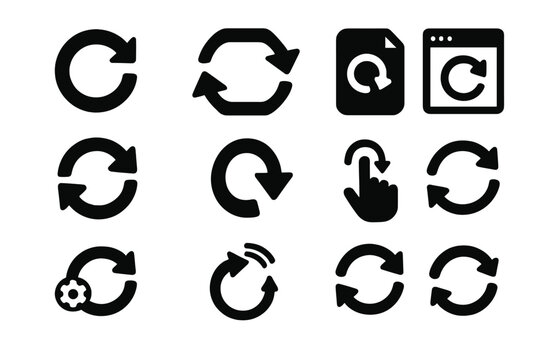 Refresh Icons Collection. Solid style icons of refresh actions: circular arrow, refresh symbol, page reload icon, reload window,