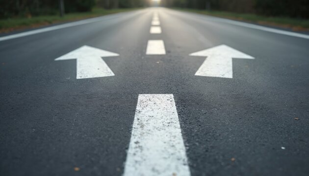 Forked road with white arrows points in different directions. Concept of choice. Sign on asphalt road dividing transport stream. Difficult decision on the way forward. Path divides into two ways.