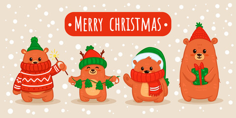 set of cute cartoon bears. Animal in flat style drawing for greeting cards, Christmas cards, banners, posters and activity pages.
