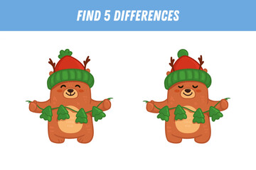Find 5 differences between two pictures of cute bear in hat. Cute bear in flat style. Activity page. Christmas game for kids. Vector