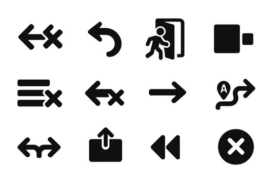 Solid Navigation Icons. Solid style icons of navigation and back actions: back arrow with cross, undo navigation, exit screen,