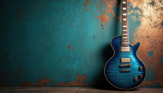 Blue electric guitar leans against a grunge style wall. Musical instrument sits on wood floor. Gold spots are visible on wall. Rock music background, copy space for text concept.