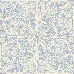 Blue and beige line art conch shell and corals coastal seamless pattern