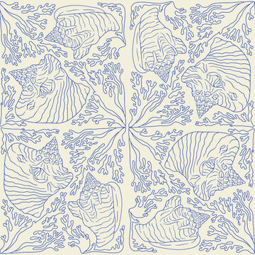 Blue and beige line art conch shell and corals coastal seamless pattern
