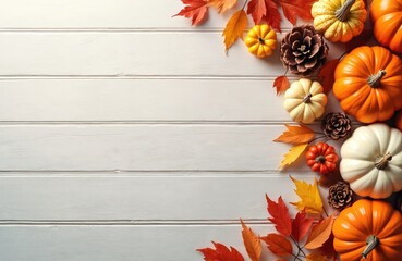 Autumn pumpkins and fall leaves frame white wooden planks. Decorative gourds and pine cones create a seasonal border for Thanksgiving or harvest themes. Space for copy.
