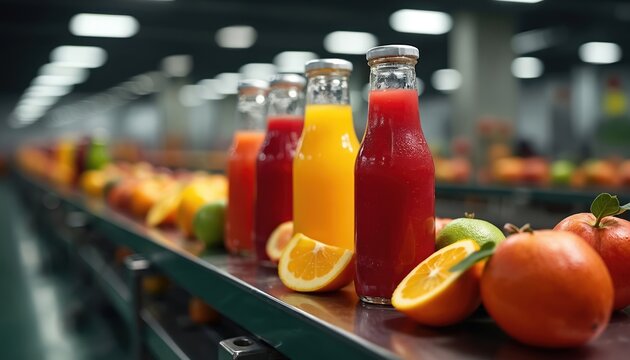 Bottles filled with multicolored fruit juice stand on assembly line. Fruits line conveyor belt near drinks. Food industry produce natural juice. Production process drinks factory with machinery on