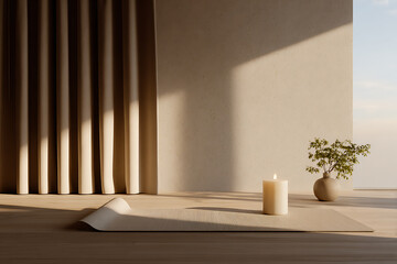 cozy morning yoga space, tranquil nook with yoga mat, candle, and plant, bathed in golden light, exuding calm morning vibes