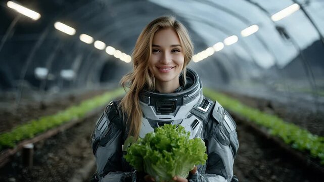 Spacethemed indoor garden featuring astronaut showcasing leafy