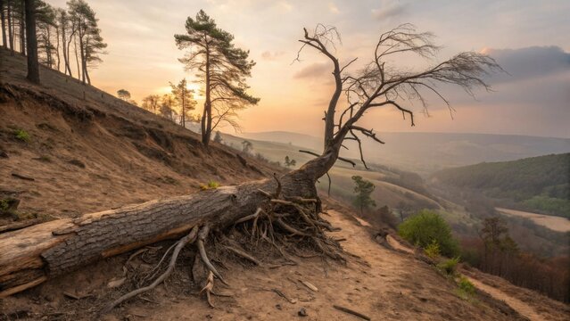 A fallen tree with exposed roots on an eroded slope at sunset