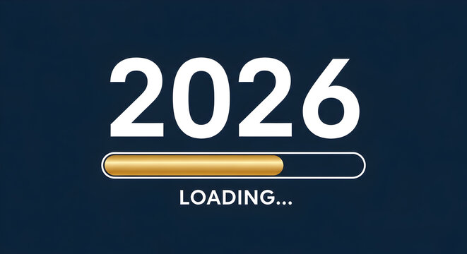 Loading bar illustration with the year 2026 in white against a dark blue background symbolizing anticipation and progress towards the future with a golden loading progress indicator