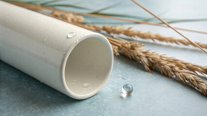 Minimalist Ceramic Rain Gauge Tube Lying Flat with a Water Bead