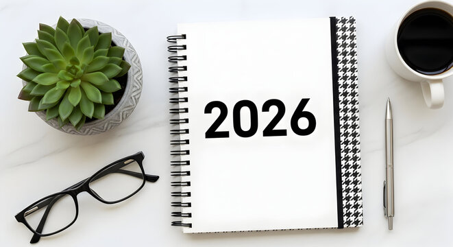 Flat lay of a 2026 spiral notebook on a white marble desk with a succulent plant eyeglasses coffee cup and pen representing planning goals and new year resolutions for the future