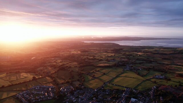 Golden Sunset Aerial Over Coastal Welsh Countryside
