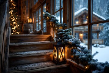Cozy winter cabin christmas decorations lantern lights snowy scene holiday home interior design inspiration