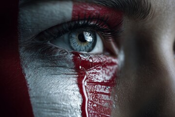 Close-up human face, portrait with painted national flag of peru , with tears flowing from eyes. The image powerfully blends national identity and raw emotion.