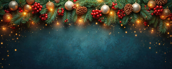 Christmas tree branches with baubles, pinecones and red berries are lit by warm fairy lights. Festive holiday background with bokeh lights and dark textured backdrop. Merry season.