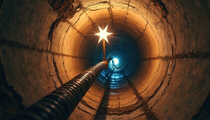 Fototapeta premium Sewer pipe inspection view tunnel cracks. Camera on flexible rod checks for problems. Infrastructure diagnostic photo shows leakage. Renovation repair workers use digital tech to evaluate damage.