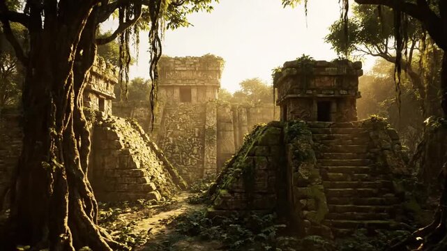 Exploring ancient aztec ruins cinematic footage in lush green jungle discovering hidden secrets of forgotten civilization in travel adventures