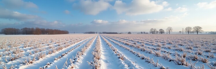 Snow covers farm field with rows of dormant plants under clear blue sky with soft clouds. Bare trees line distant horizon, creating stark winter landscape. Frost glistens on vegetation. Agricultural