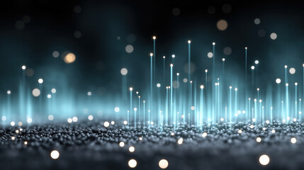 Futuristic glowing fiber optic lights, abstract technology background with blue and white bokeh, digital communication, innovation, and modern network concept
