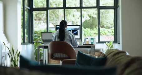Web designer, remote work and back of woman on computer for online project, website interface and software. Freelancer, graphic design and person on pc for planning, ui research and internet in home - Powered by Adobe