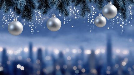 Silver Christmas ornament pine branch winter festive decoration holiday cityscape blurred blue sparkling create magical and joyful seasonal atmosphere in urban setting