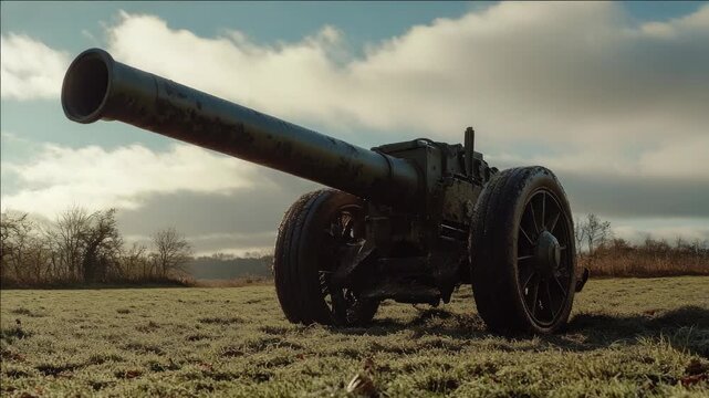 Old battle weapon on grassy field.