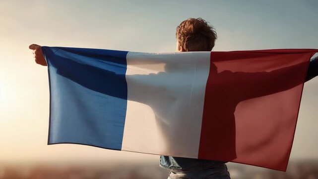 Person holding large French flag in the wind symbol of national pride identity patriotism politics and cultural unity against bright sky background