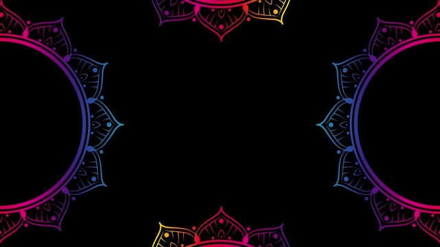 Animation of colorful flower lotus mandalas background in arabesque pattern or Indian style. Motion Graphics Video Rotating. Black Background, Bohen light circles particles, copy space for text