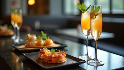 Stylish drinks, appetizers on table in restaurant. Cocktail glasses, fresh food served for brunch event. Gourmet dishes, beverages for social gathering. Elegant catering, fine dining experience