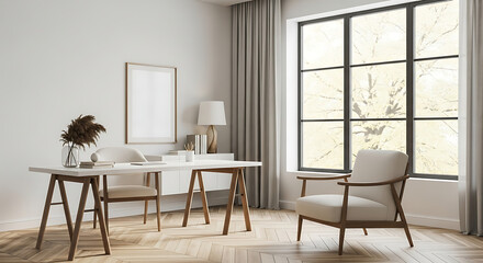 Bright and modern home office with a minimalist aesthetic, featuring a sleek wooden desk, comfortable armchair, and a large window, creating a serene and productive workspace